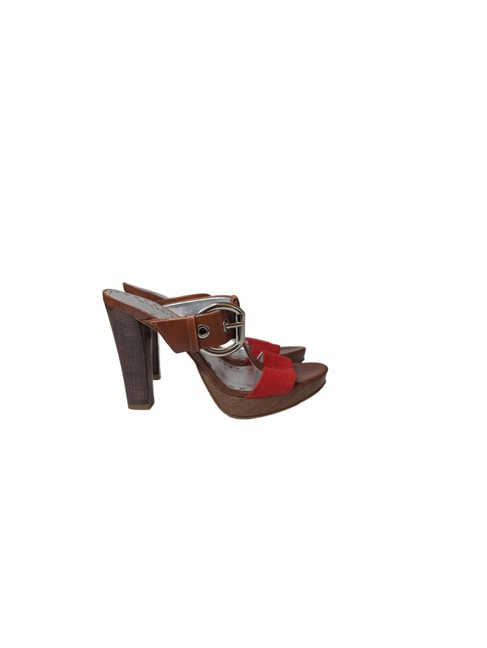 NWOT Gianni Bini Red and Tan Block Heel Sandals with‎ Silver-Tone Buckle Size 8